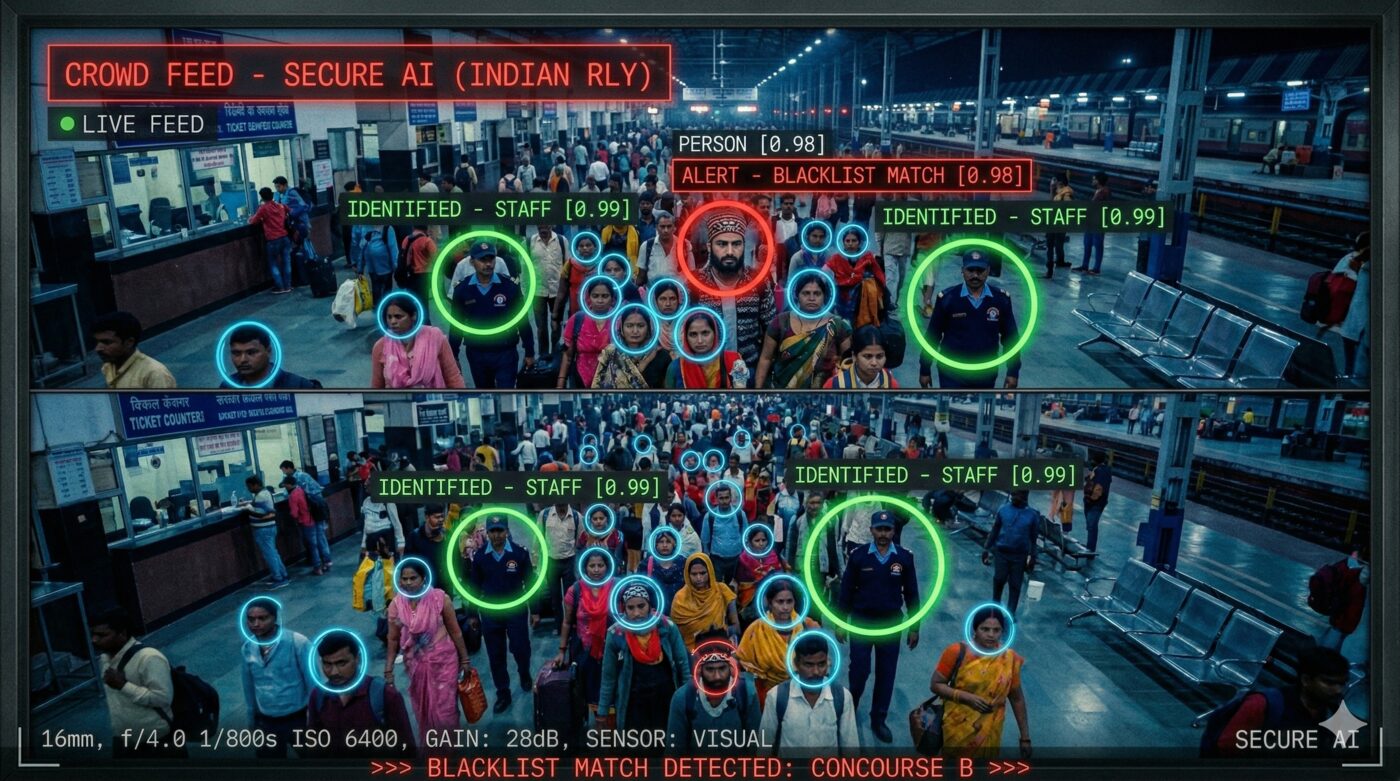 AI face recognition crowd scene with detection overlays