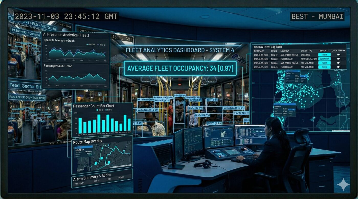 Fleet analytics dashboard with passenger count, speed, and route telemetry
